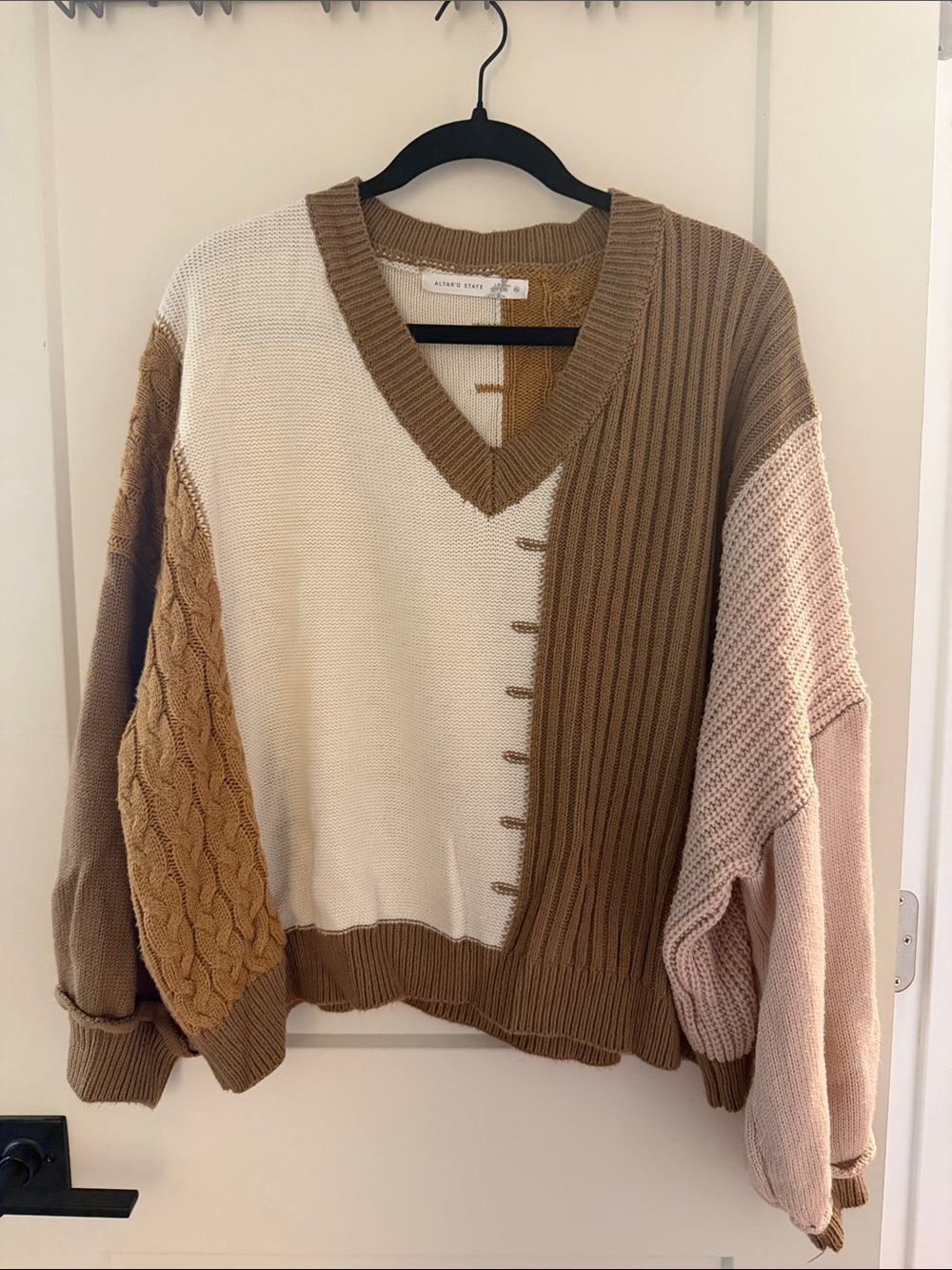 Altar'd State Patchwork V-Neck Sweater in Cream, Beige & Blush